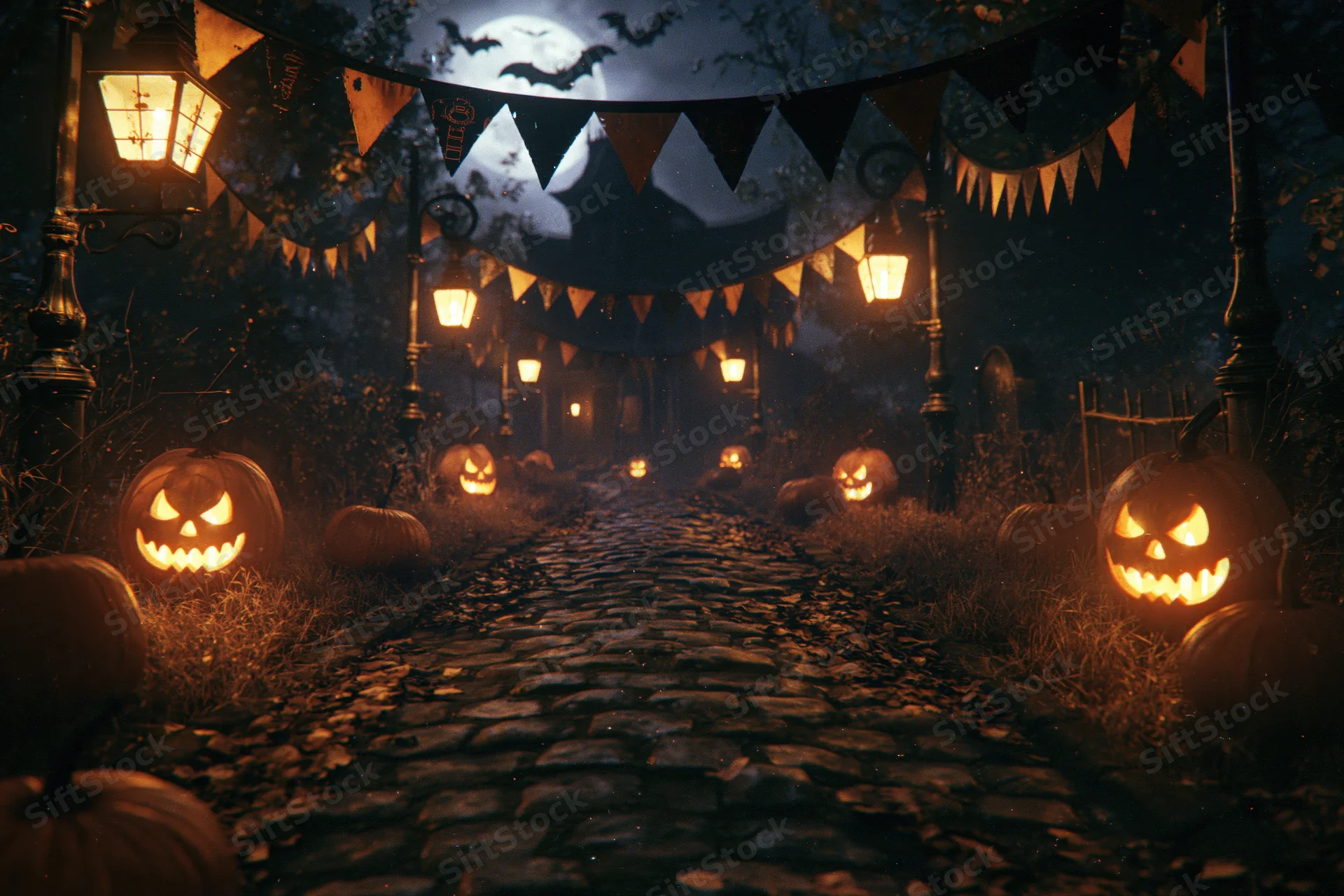 Cobblestone path lined with glowing jack-o-lanterns and lanterns leading to a dark haunted house at night