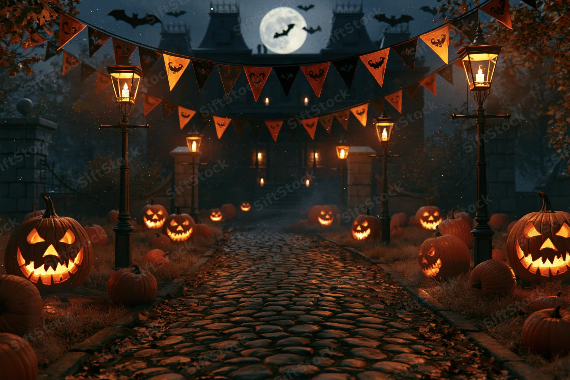 Cobblestone path lined with glowing jack-o'-lanterns and lanterns leading to a dark haunted house at night under a full moon with halloween banners and bats