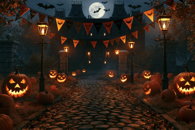 Cobblestone path lined with glowing jack-o'-lanterns and lanterns leading to a dark haunted house at night under a full moon with halloween banners and bats