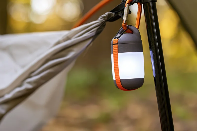 Compact led lantern glowing on tent pole in forest setting