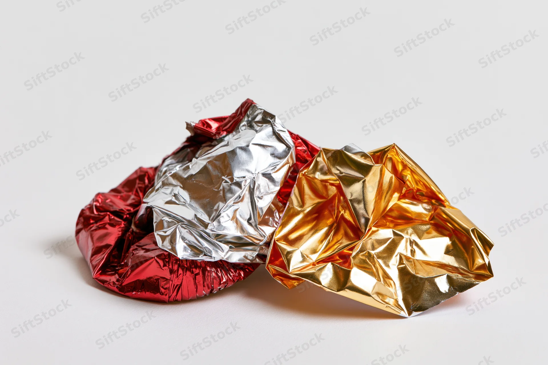 Crumpled candy foil wrappers in red, gold and silver on a white surface