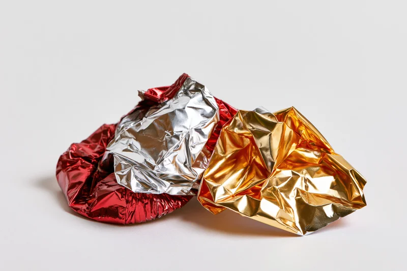 Crumpled candy foil wrappers in red, gold and silver on a white surface