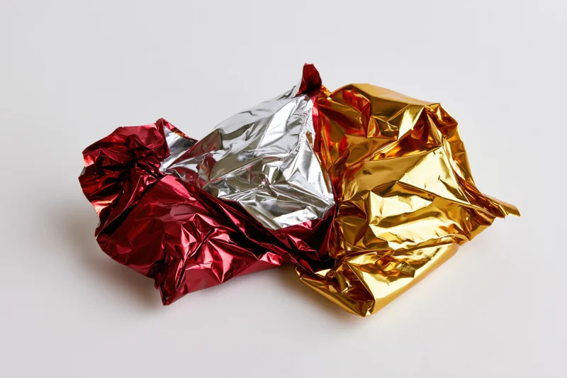 Crumpled candy foil wrapper lying flat on white surface