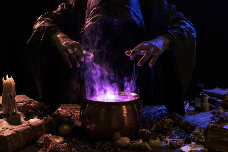 Hooded wizard casting a spell over a glowing purple cauldron on a cluttered table filled with herbs, books and candles