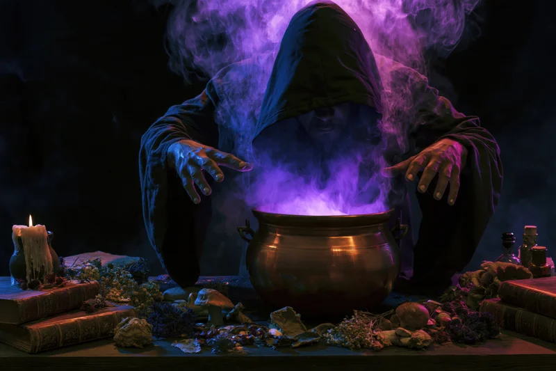 Hooded wizard leaning over glowing copper cauldron filled with purple smoke, surrounded by ancient books, herbs, and candles on a dark table