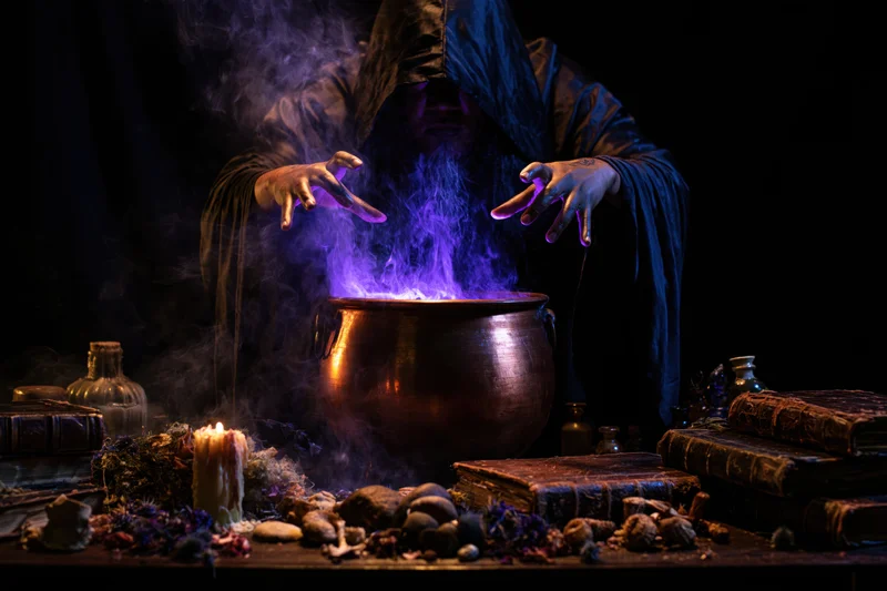 Hooded wizard casting spell over glowing purple potion in copper cauldron surrounded by ancient books and mystical ingredients on wooden table