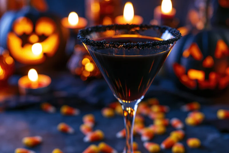 Dark cocktail in a martini glass with sugared black rim surrounded by glowing jack-o-lanterns and candy corn on a dark table