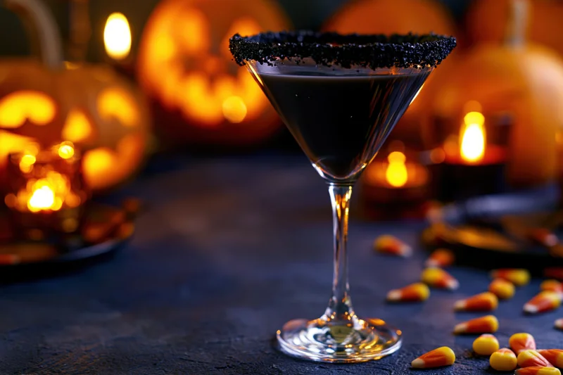 Dark cocktail in a martini glass with black sugared rim on a table surrounded by glowing pumpkins and candy corn at night
