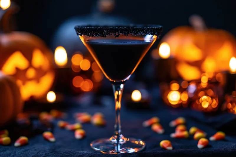 Dark cocktail in a martini glass with sugared black rim on a table surrounded by glowing jack-o-lanterns and candy corn for halloween