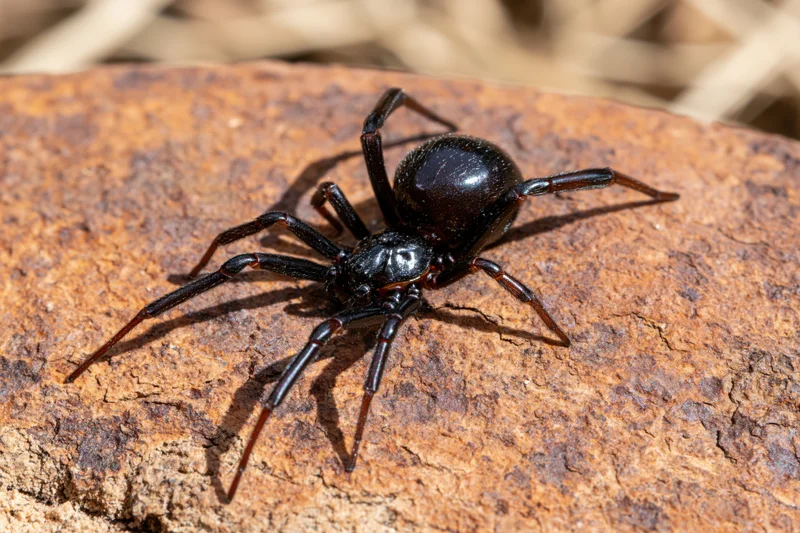 Black widow spider resting motionless on a rough rock surface outdoors