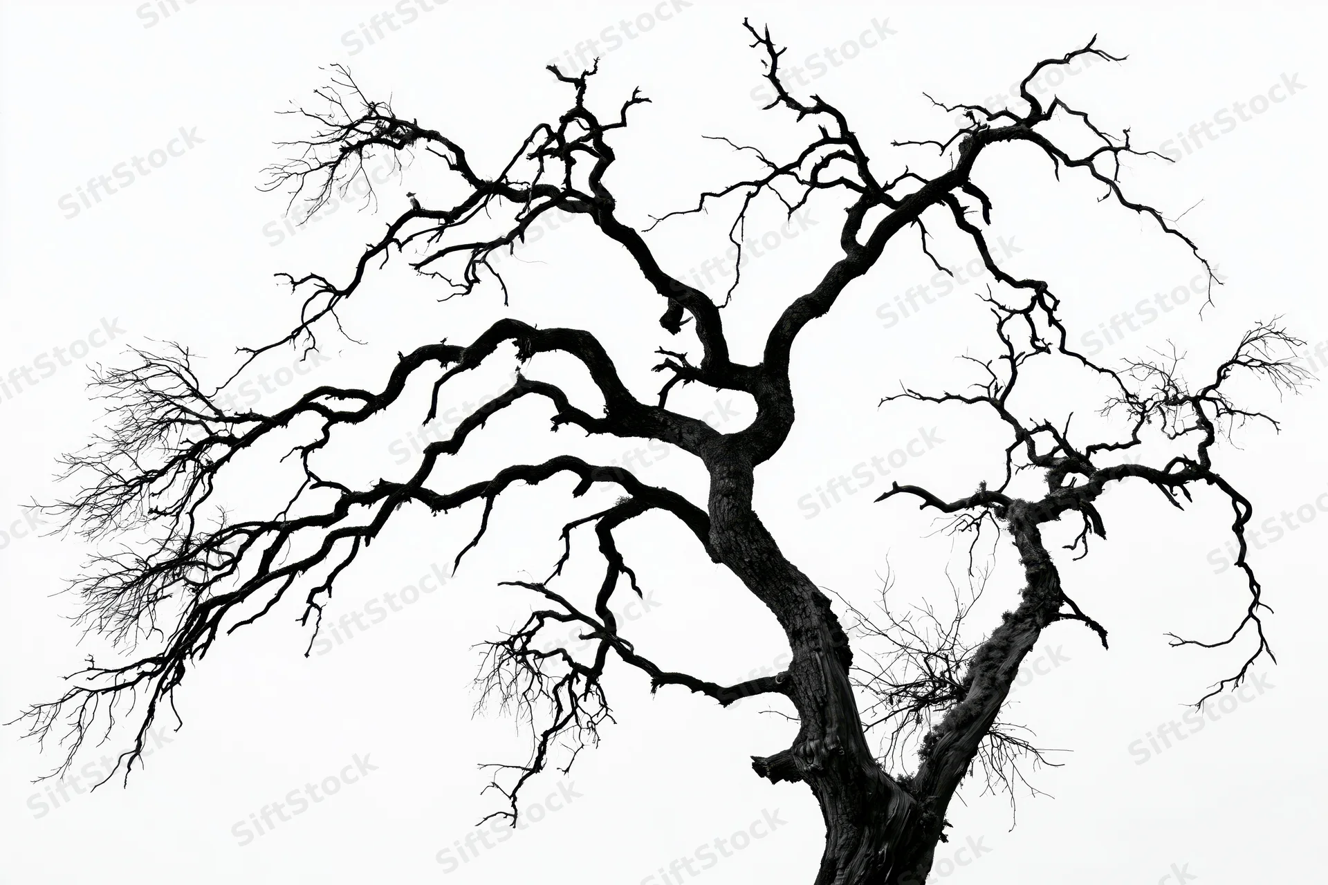Dead gnarled oak tree with bare twisted branches spreading against white background
