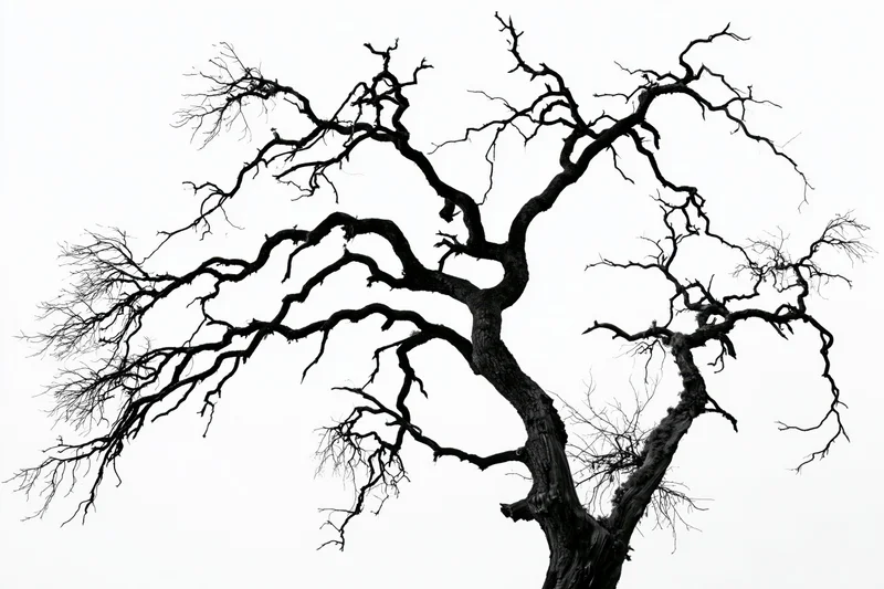 Dead gnarled oak tree with bare twisted branches spreading against white background