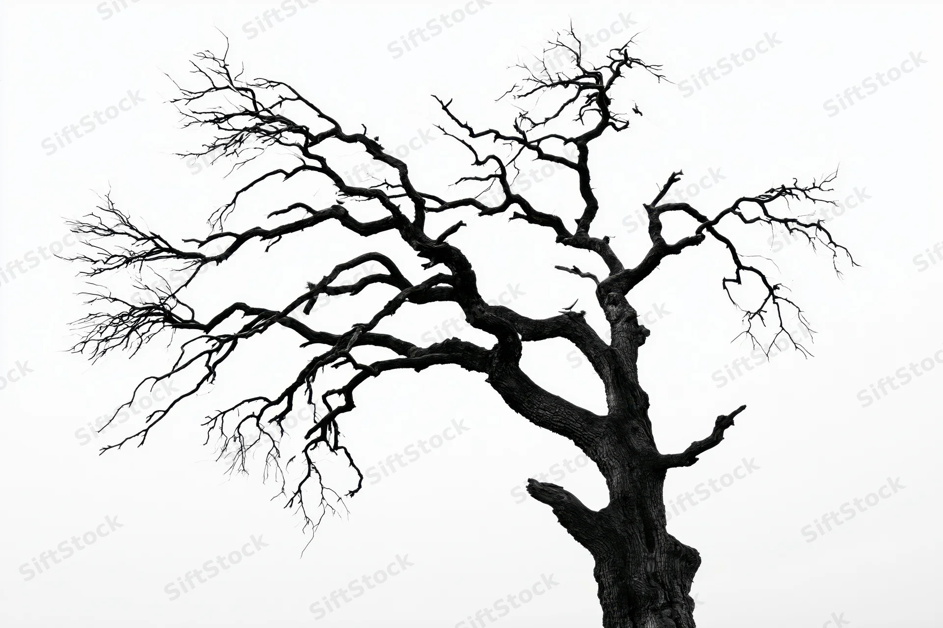 Dead gnarled oak tree with bare twisted branches spreading against white background