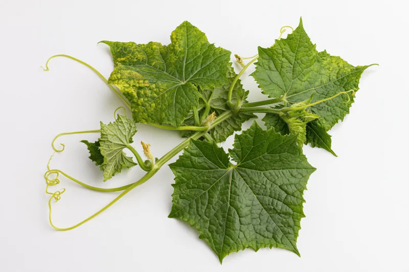 Cucumber vine with broad green leaves and curling tendrils on white background