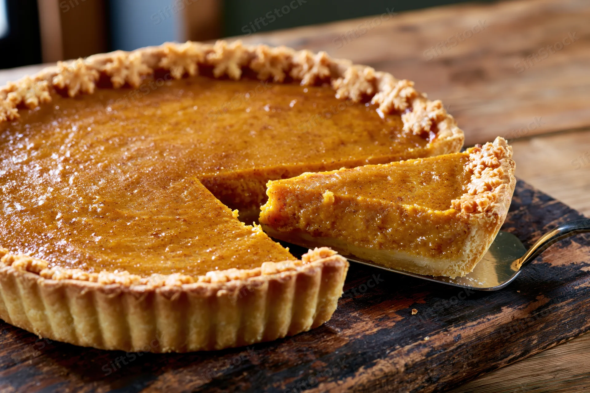 Pumpkin pie with one slice being lifted on a wooden board