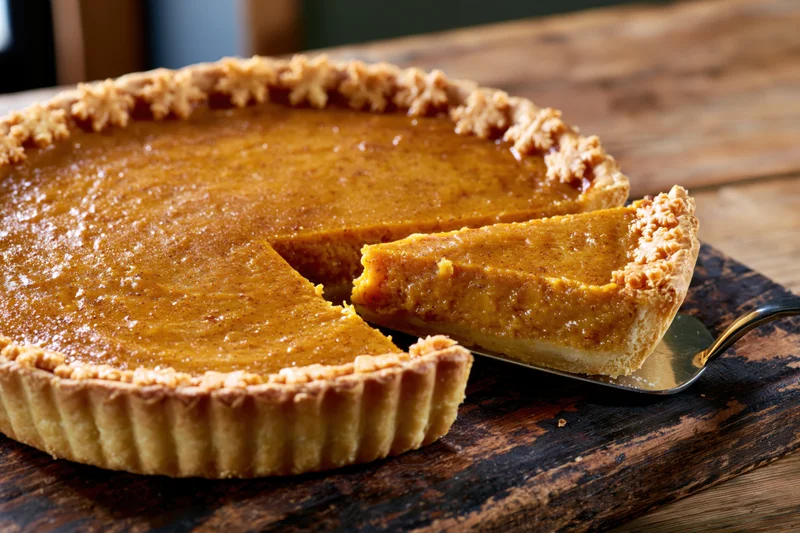 Pumpkin pie with one slice being lifted on a wooden board