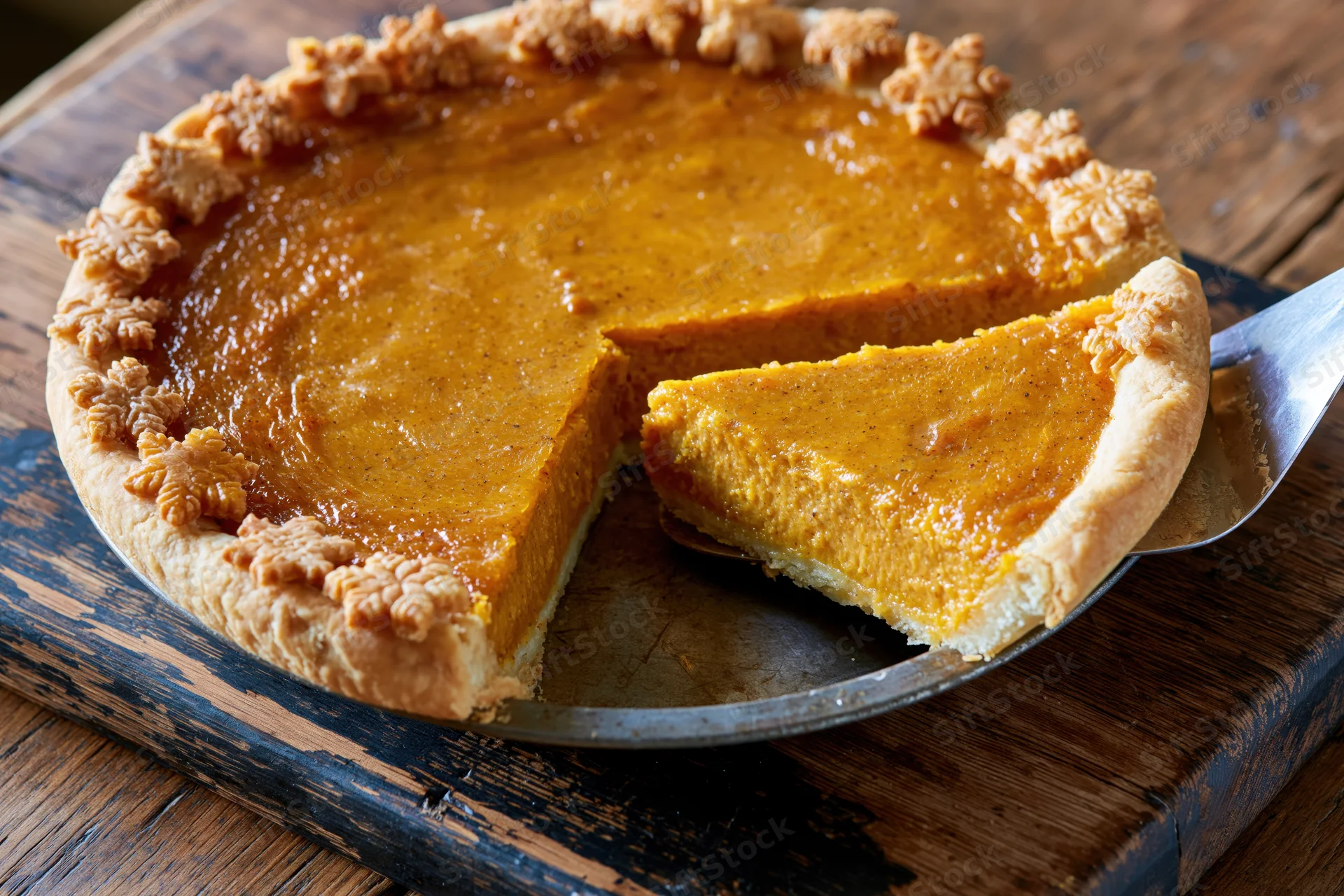 Pumpkin pie with one slice being lifted from metal pan on wooden board