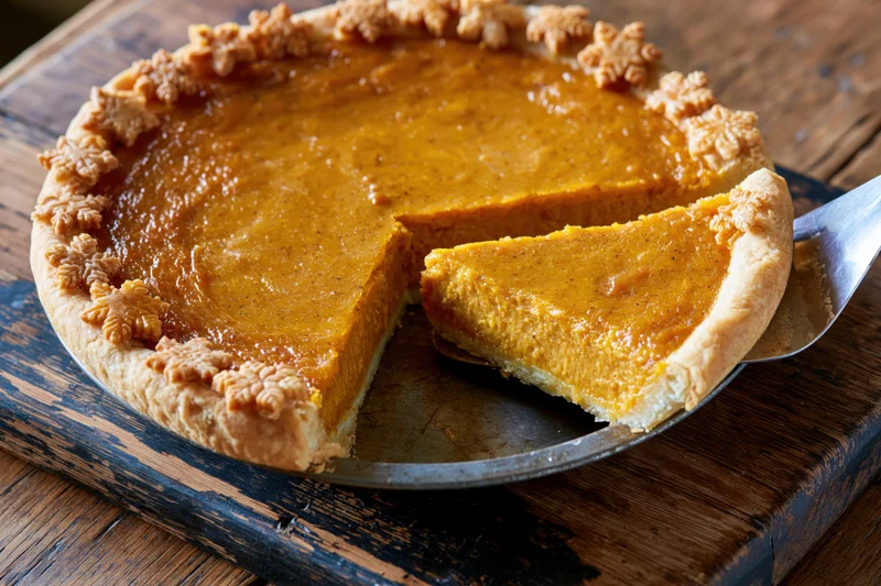 Pumpkin pie with one slice being lifted from metal pan on wooden board