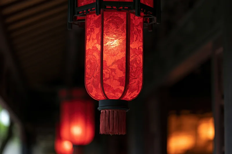 Glowing red chinese paper lantern hanging from wooden ceiling in traditional setting