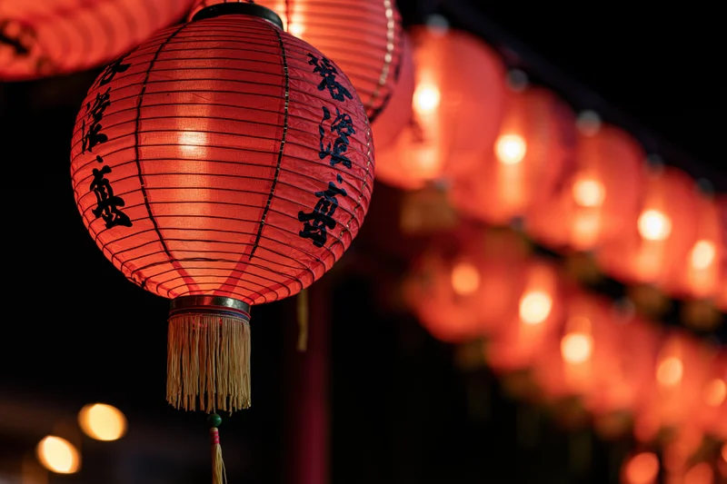 Glowing red chinese paper lantern hanging in foreground with blurred lanterns in background at night