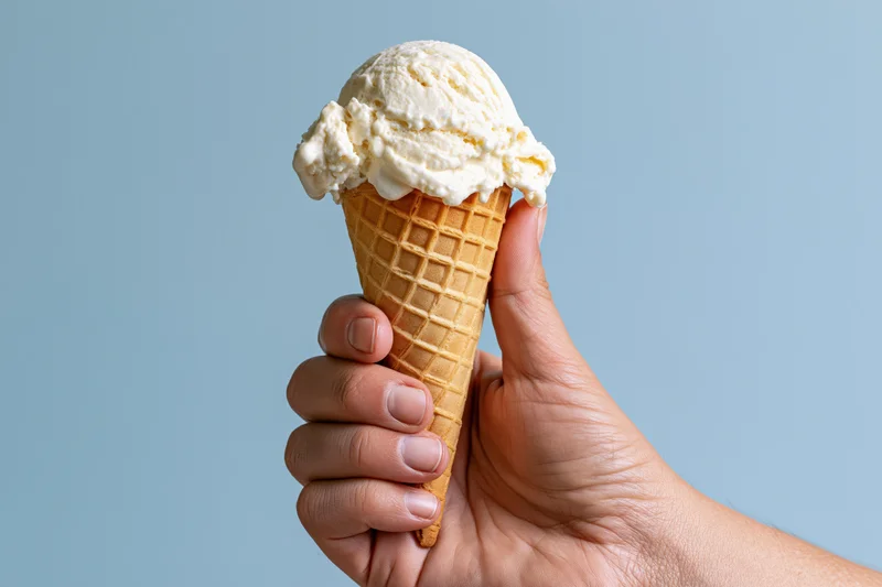 Hand holding a single-scoop vanilla ice cream waffle cone against a light blue background
