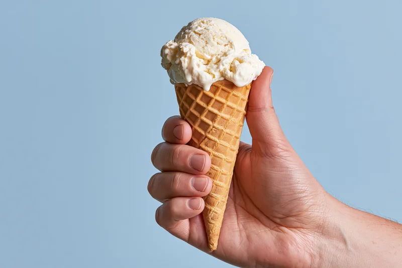 Hand holding a single-scoop vanilla ice cream waffle cone against a light blue background