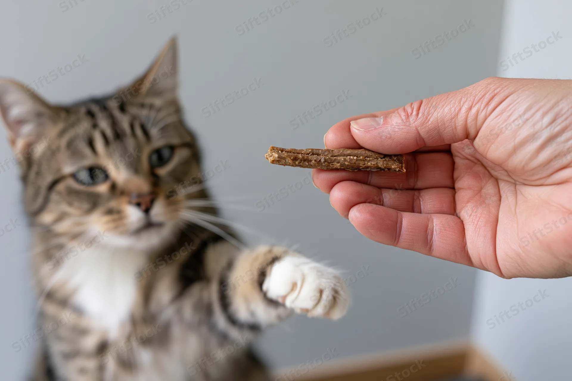 Tabby cat reaching paw toward hand holding treat stick indoors