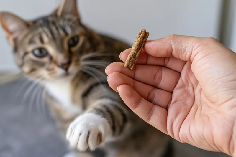 Hand holding a small brown cat treat stick with a tabby cat reaching toward it indoors