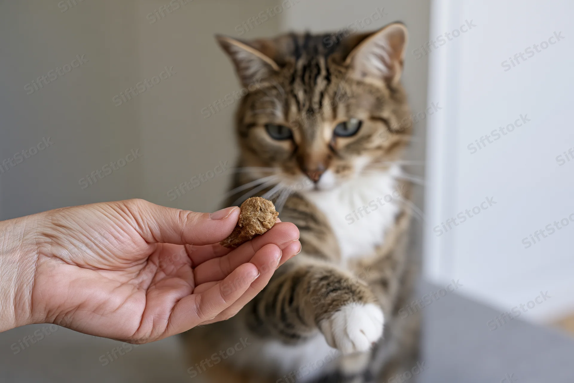 Hand offering a small brown cat treat to a tabby cat reaching with its paw indoors