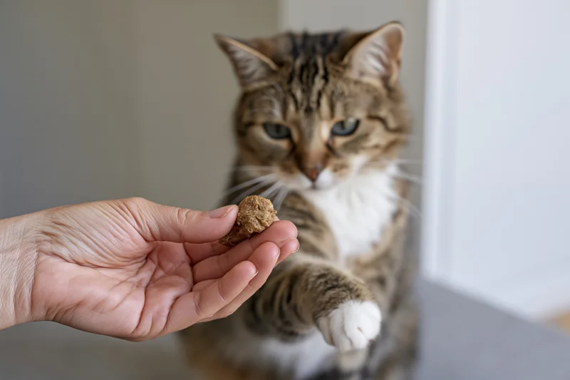 Hand offering a small brown cat treat to a tabby cat reaching with its paw indoors
