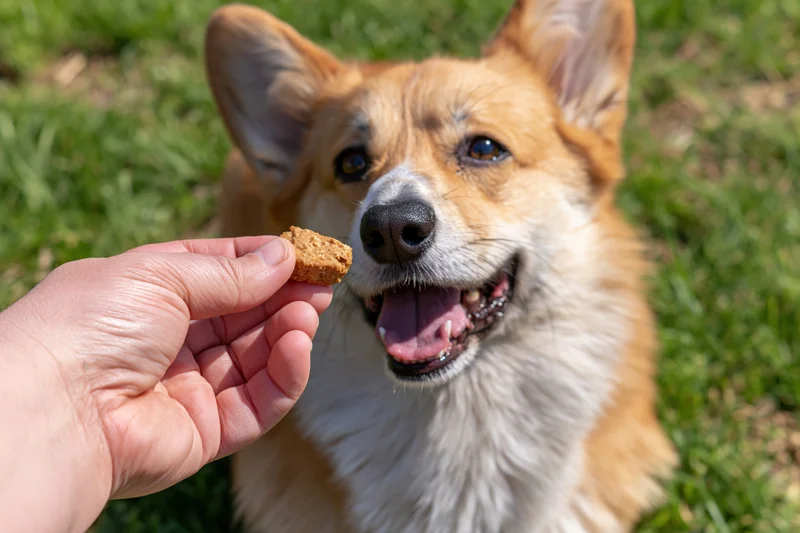 Corgi dog eagerly waiting for treat held in hand on grassy lawn
