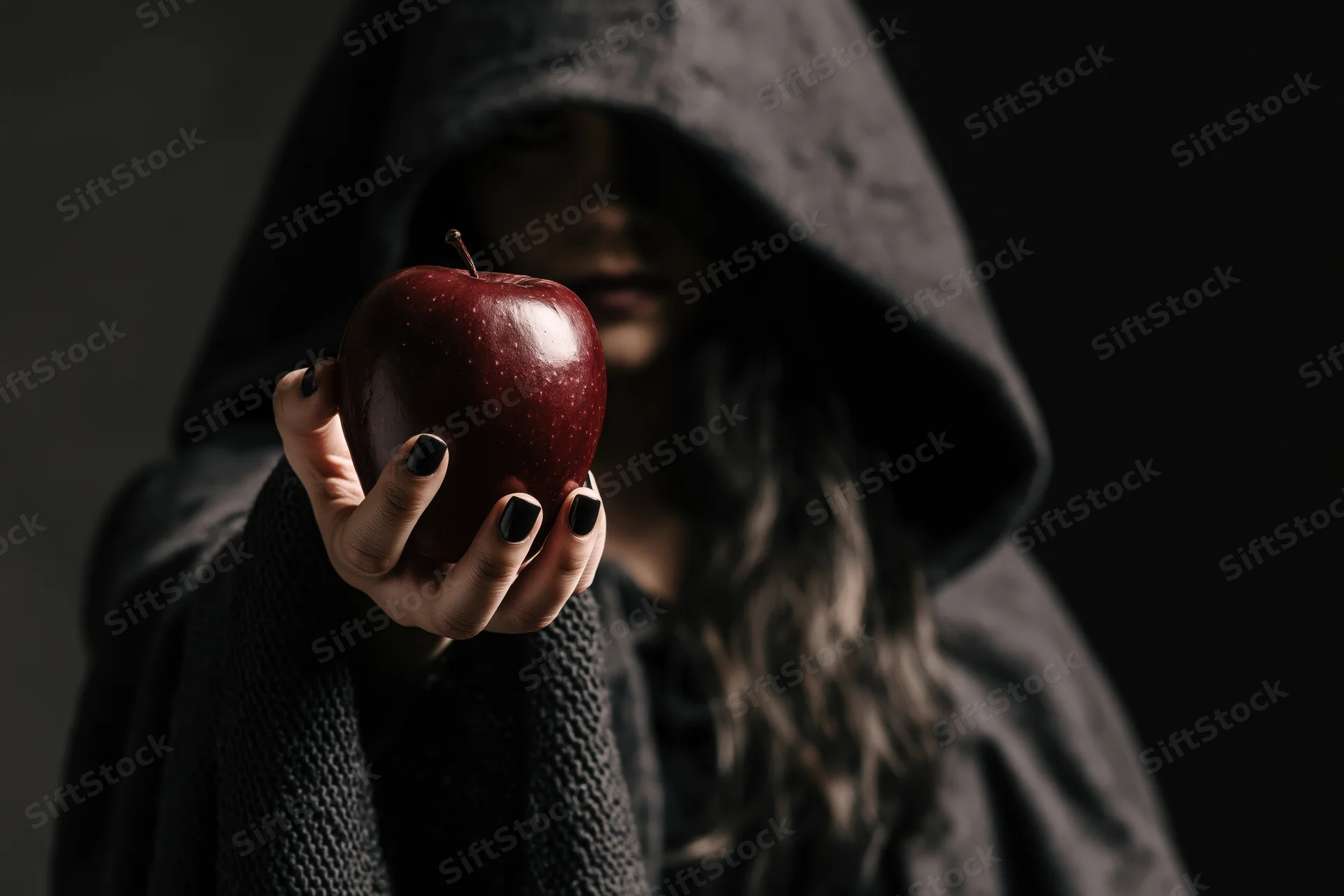 Hooded woman holding a red apple in shadowed light