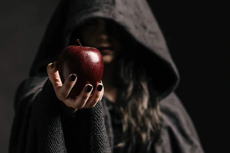 Hooded woman holding a red apple in shadowed light