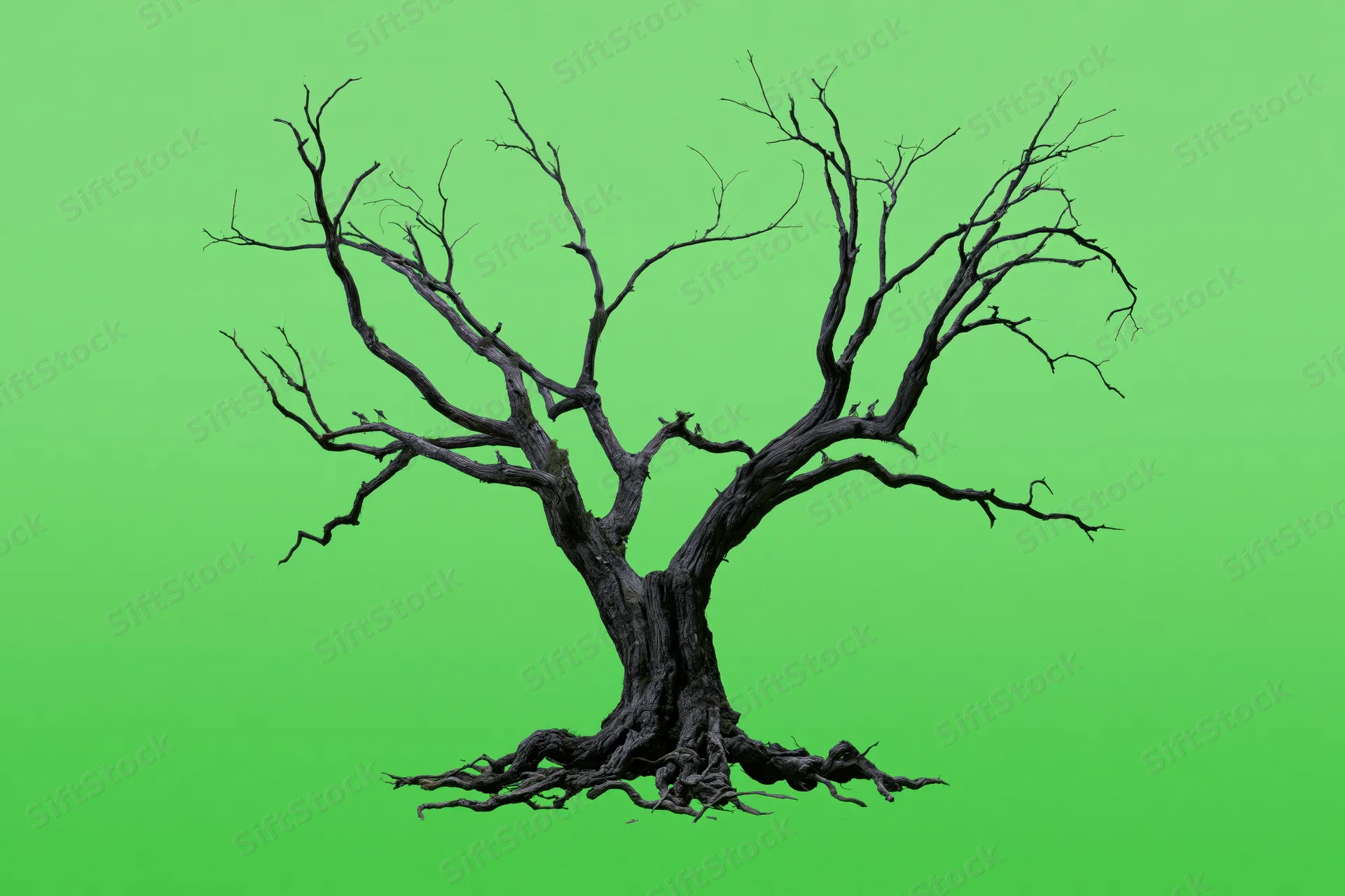 Dead tree with wide spreading branches and exposed roots against green background
