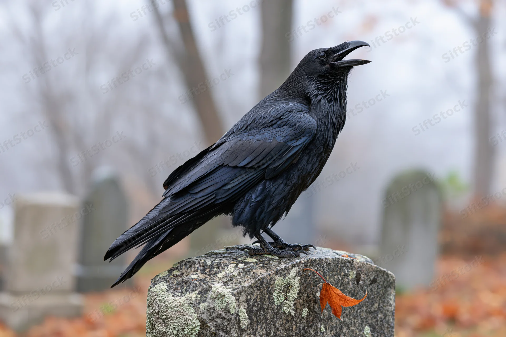 Black crow perched on weathered granite gravestone in foggy cemetery with autumn leaf