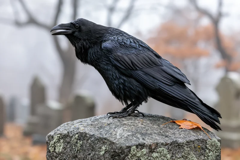 Black crow perched on weathered granite gravestone in cemetery with autumn leaf and foggy background