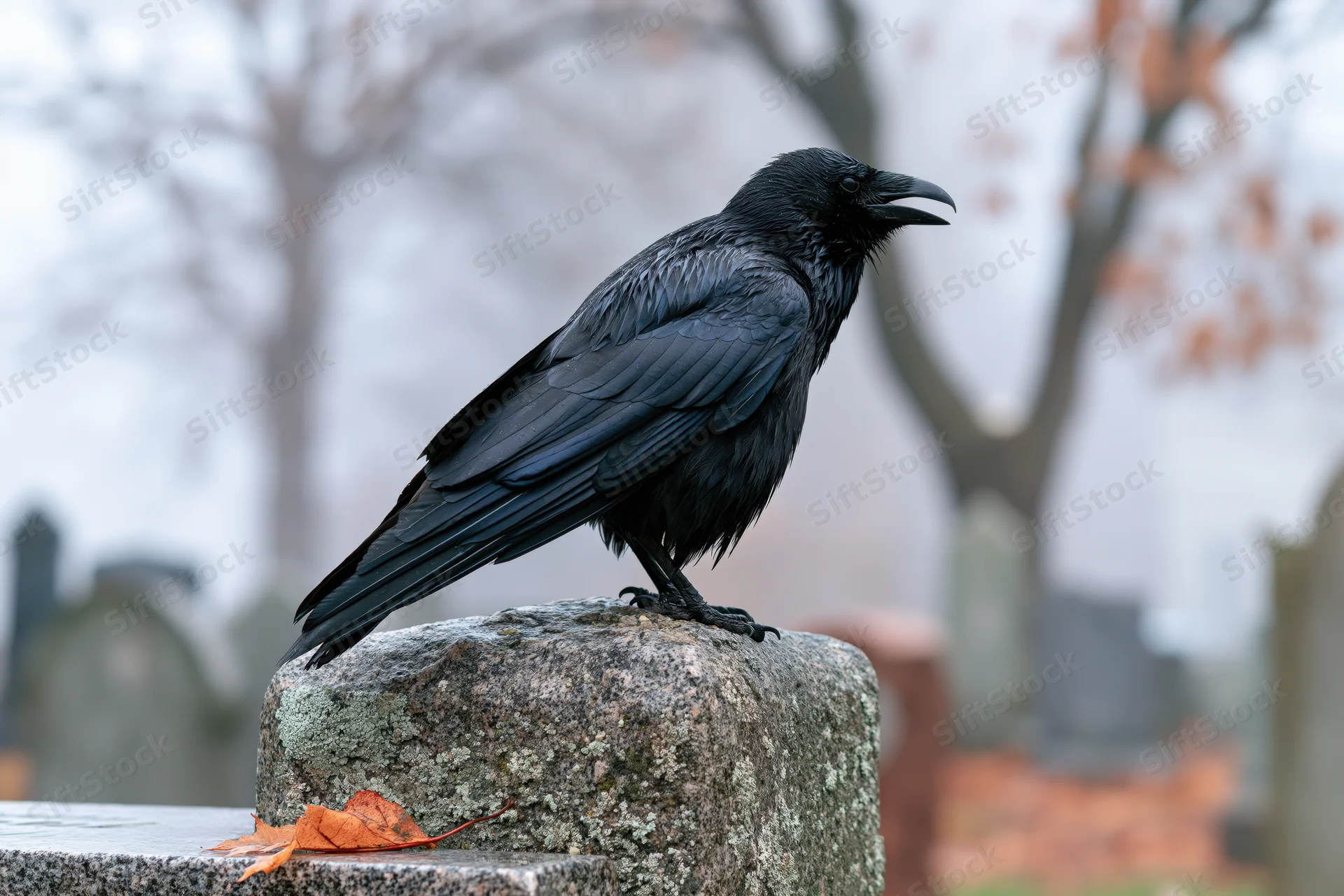 Black crow perched on weathered granite gravestone in cemetery with autumn leaves and bare trees in background