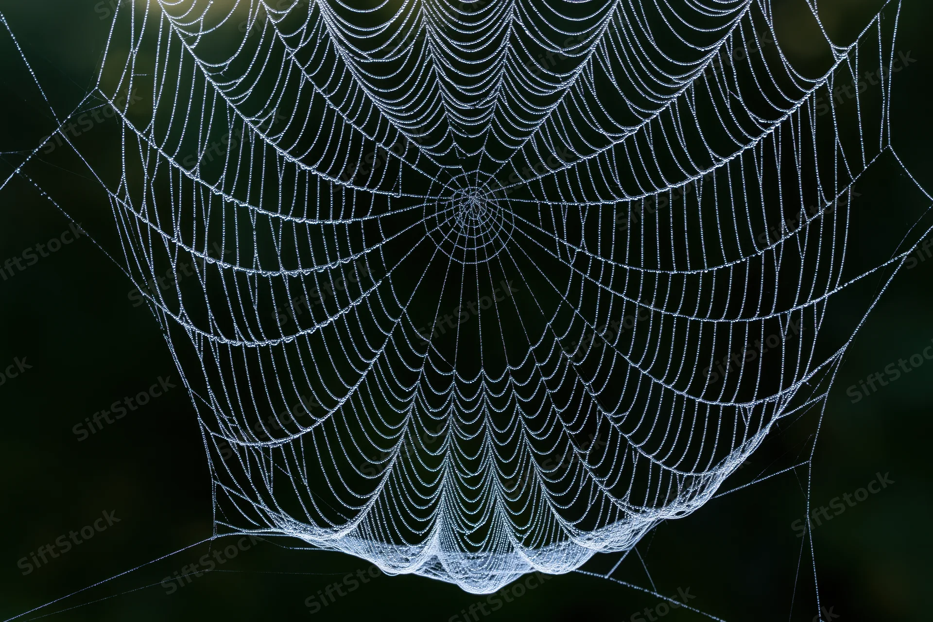 Closeup of a large orb-weaver spiderweb covered in fine dew droplets against a dark natural background