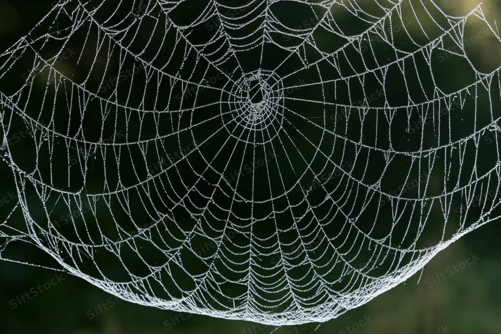 Closeup of a large orb-weaver spiderweb covered in fine dew droplets against a dark green background