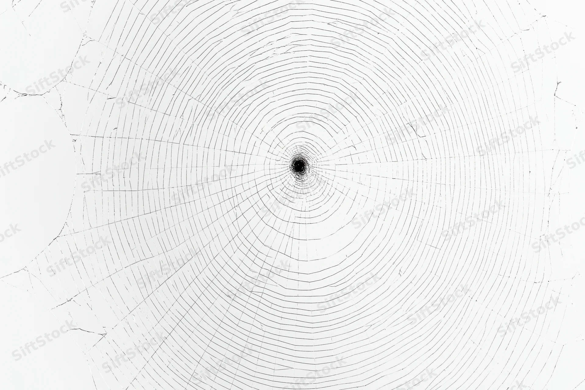 Closeup of an orb-weaver spider web with concentric circles and radial threads against a white background