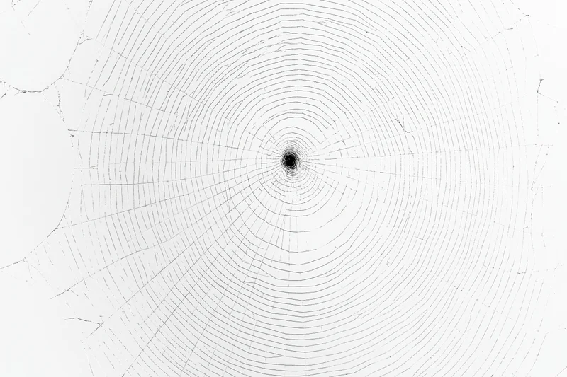 Closeup of an orb-weaver spider web with concentric circles and radial threads against a white background