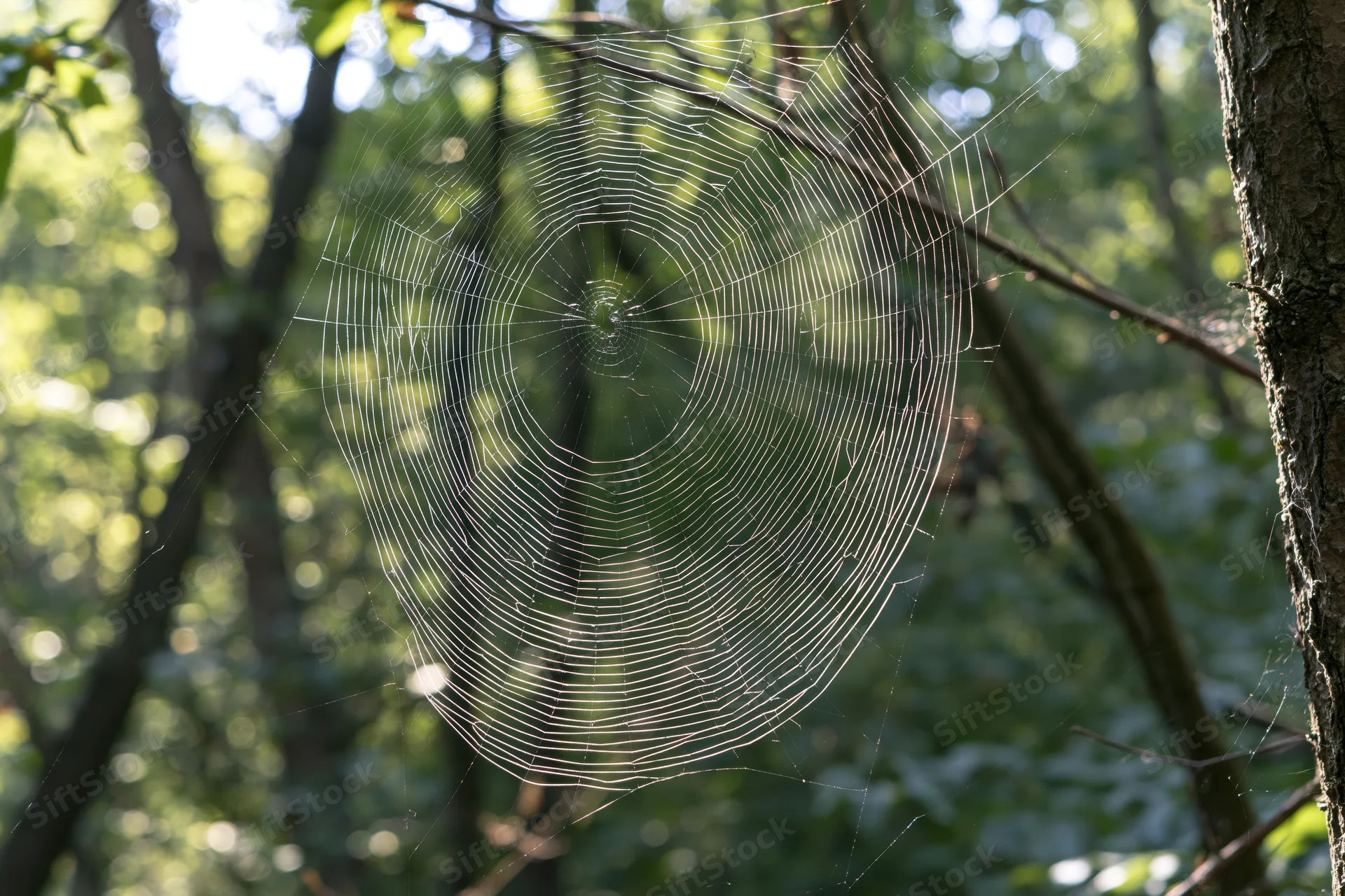 Large orb-weaver spiderweb stretched between trees in a sunlit forest