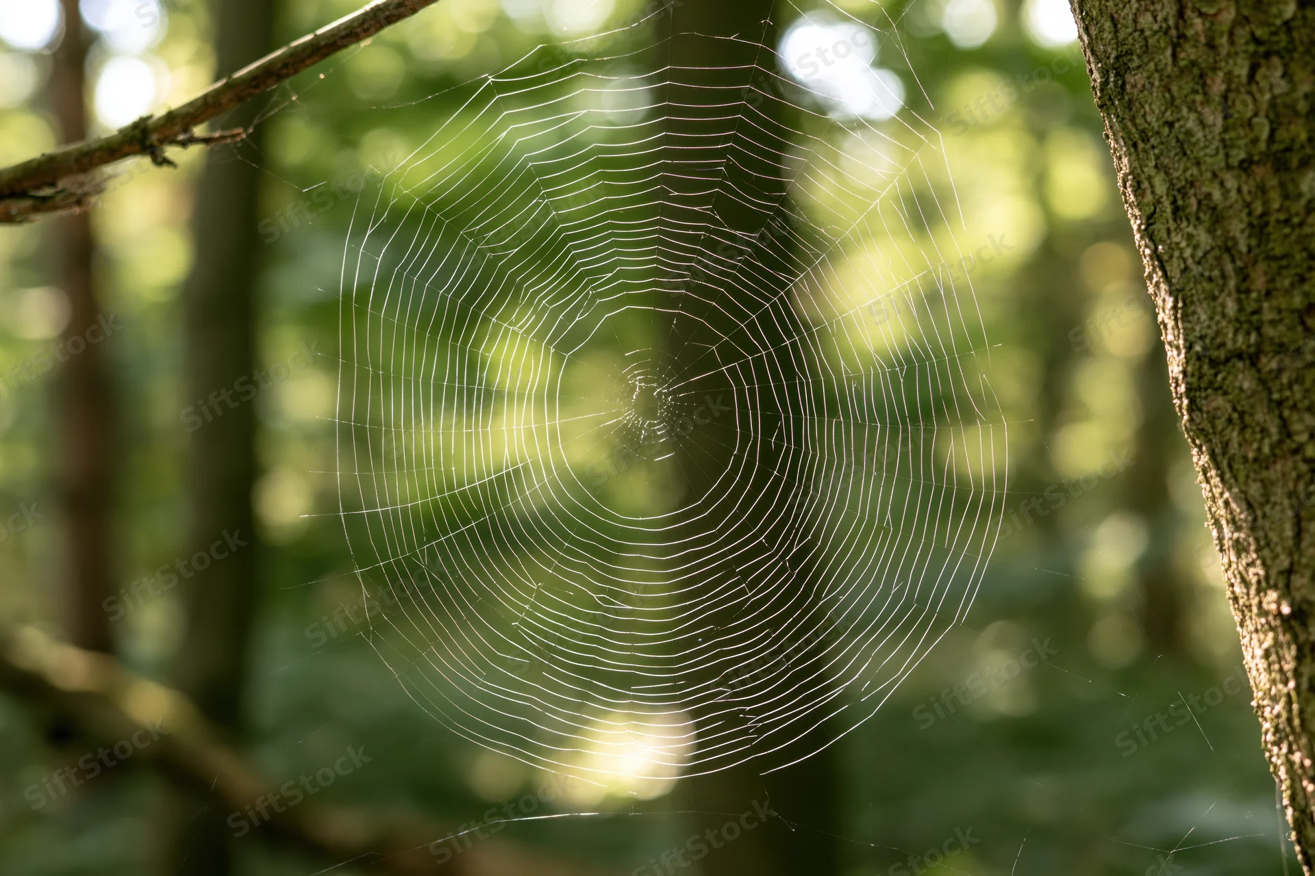 Orbweaver spiderweb stretched between trees in a sunlit forest