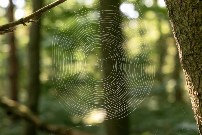 Orbweaver spiderweb stretched between trees in a sunlit forest