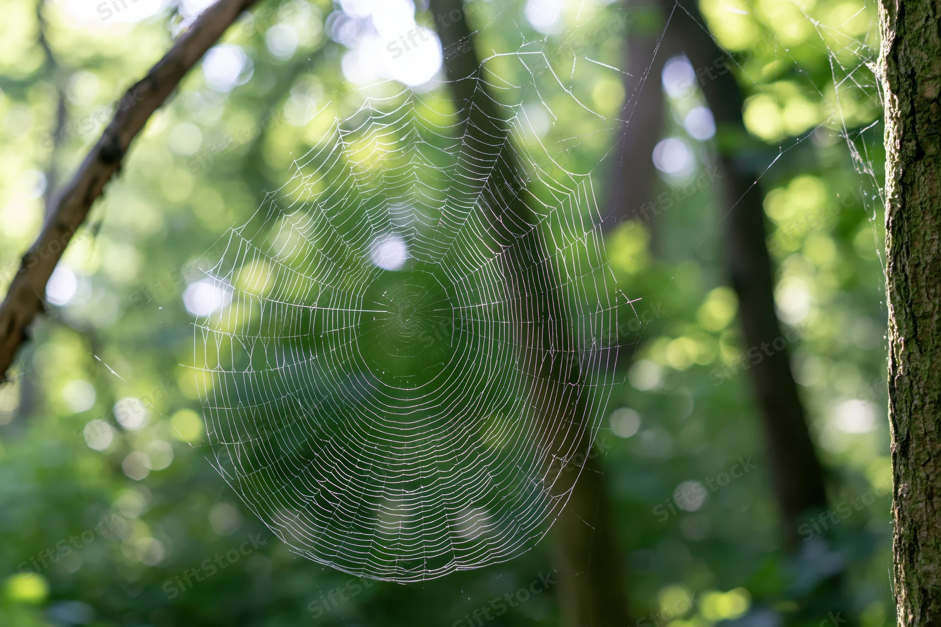 Large orb-weaver spiderweb stretched between trees in a sunlit forest