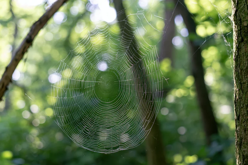 Large orb-weaver spiderweb stretched between trees in a sunlit forest