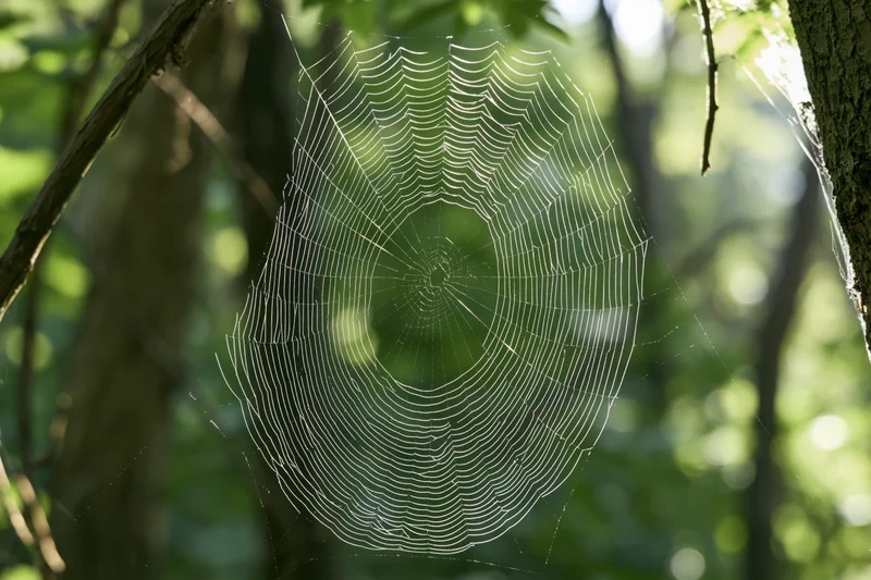 Orb-weaver spiderweb stretched between trees in a sunlit forest