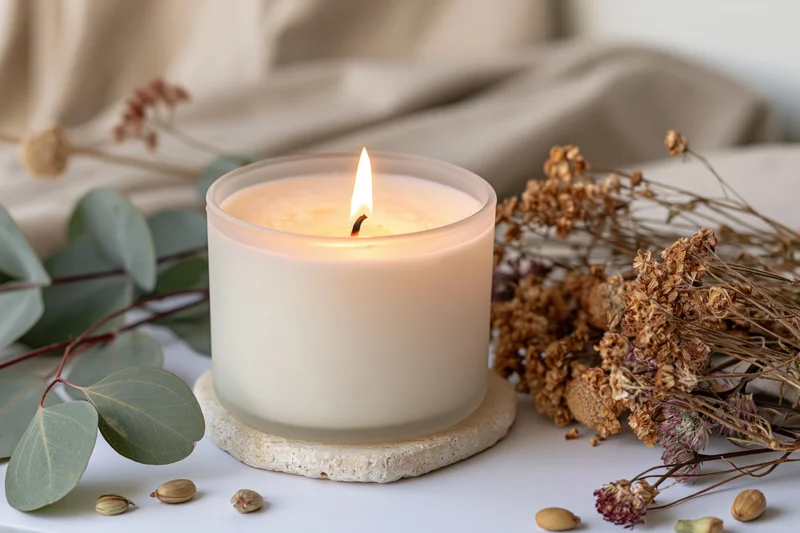Lit cream soy candle in frosted glass jar on stone coaster surrounded by dried flowers and eucalyptus leaves on white surface