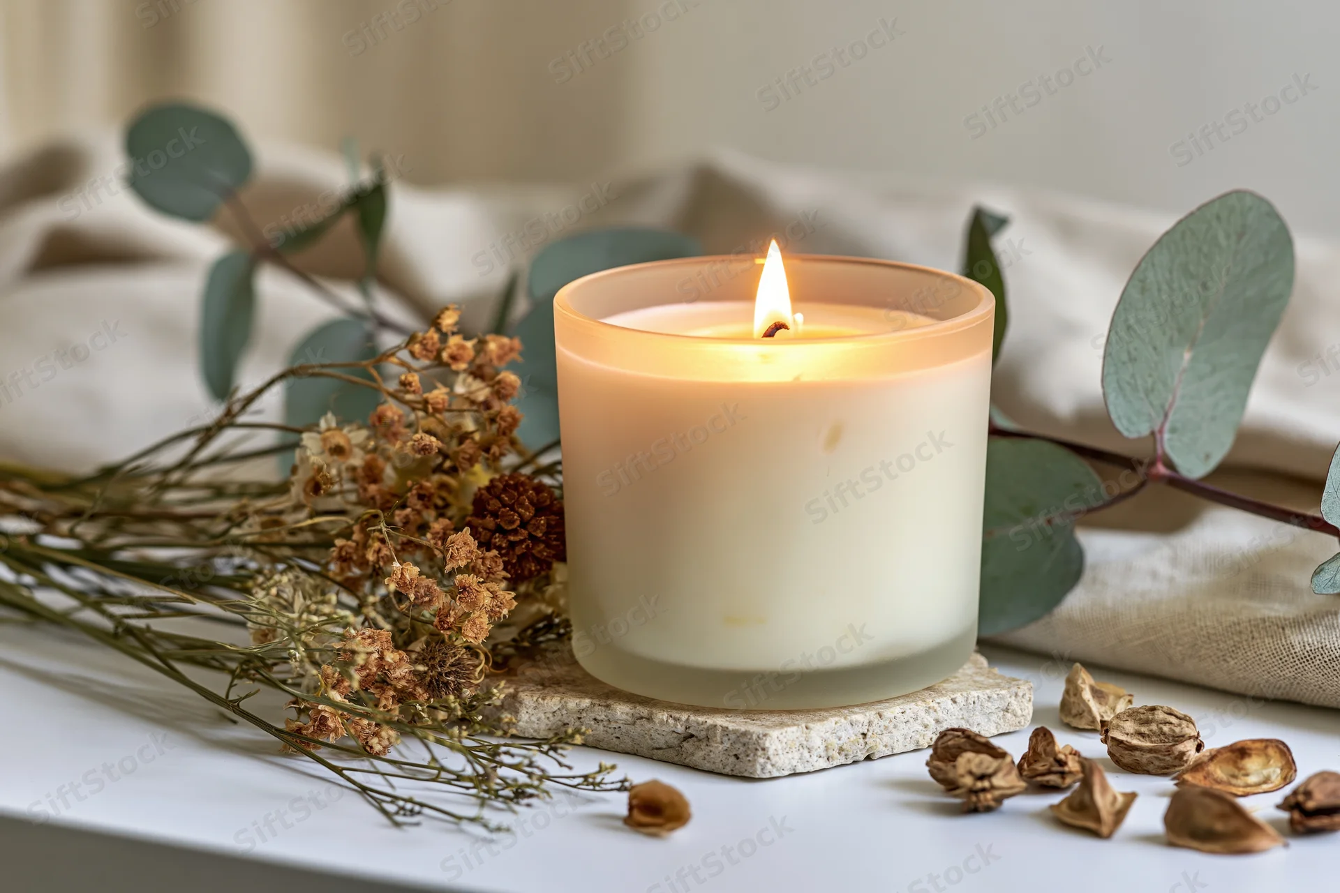 Lit cream soy candle in frosted glass jar on stone coaster with dried flowers and eucalyptus leaves on white table