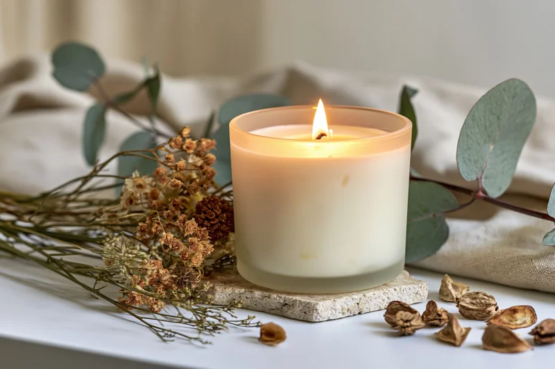 Lit cream soy candle in frosted glass jar on stone coaster with dried flowers and eucalyptus leaves on white table